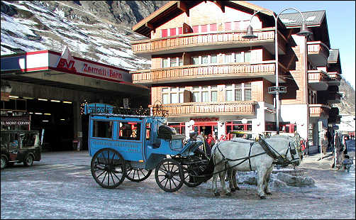 Transportation in Zermatt is by horse drawn carriage or electric buses