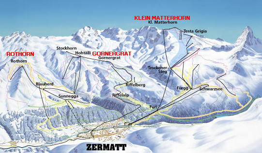 Zermatt ski map with three main areas noted